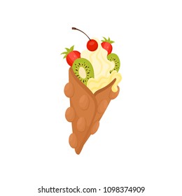 Flat vector icon of Hong Kong waffle with ice-cream. Delicious dessert decorated with ripe strawberry, kiwi and red cherry