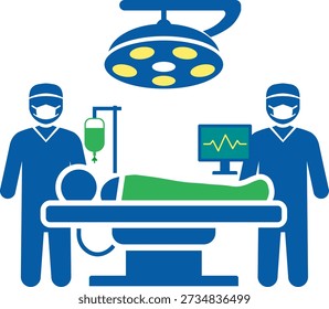 Flat vector icon of hospital operating room with surgical team, patient on operating table, medical monitor, IV drip, and surgery lamp. Clean modern healthcare surgery signage design on white background for medical use.
