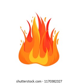Flat vector icon of hot blazing flame isolated on white background. Bright red-orange fire. Burning campfire