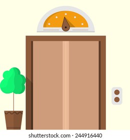 Flat Vector Icon For Hotel. Closed Elevator. Flat Colorful Vector Icon For Hotel With Closed Doors Elevator With Yellow Arrow Elevator Scoreboard Vintage Design And Flower Pot On White Background.