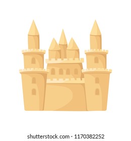 Flat vector icon of huge sand castle with towers. Beach vacation theme. Element for poster, children book or mobile game