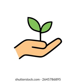 Ícone de vetor plano de mão humana segurando a muda de planta verde que representa crescimento, cuidado e proteção ambiental
