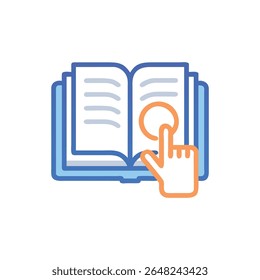 Um ícone de vetor plano que ilustra o e-learning. Um dedo toca a tela de um livro digital aberto.