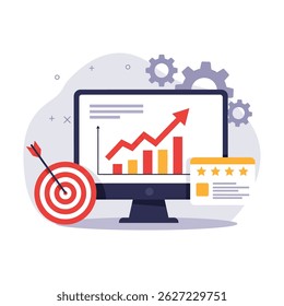 Flat vector icon illustrating SEO audit and analysis with a computer, growth chart, target, arrow, gears, and star ratings. Website optimization and performance concept