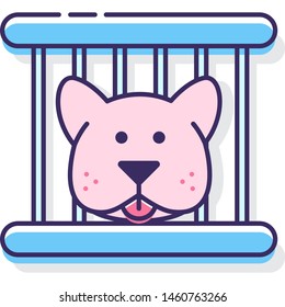 Flat vector icon illustration of animal shelter. Homeless dog in a cage.