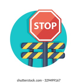 flat Vector icon - illustration of barrier with stop sign isolated on white