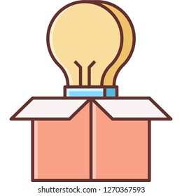 Flat vector icon illustration of a bulb appearing from cardboard. Think out of the box concept.