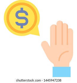 Flat vector icon illustration of buyer raising hand and dollar symbol. Bid and auction concept.