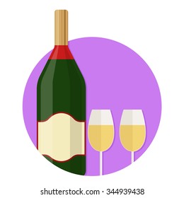 flat Vector icon - illustration of Champagne bottle with glass icon isolated on white