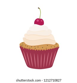 Flat vector icon. Illustration of cherry cupcake