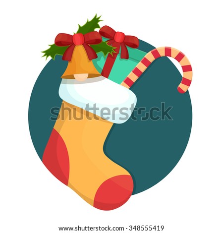 flat Vector icon - illustration of Christmas card with christmas stocking icon isolated on white