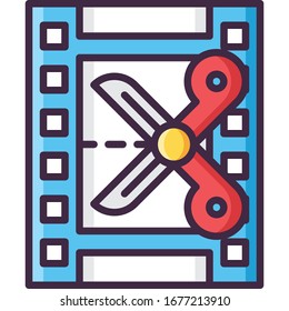 Flat vector icon illustration of clip editing montage. Cutting the film strip. Video production concept.