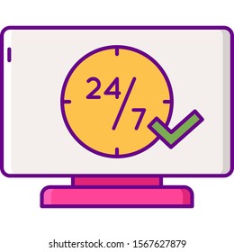 Flat vector icon illustration of a computer screen with 24/7 clock sign. 24 hours access concept.