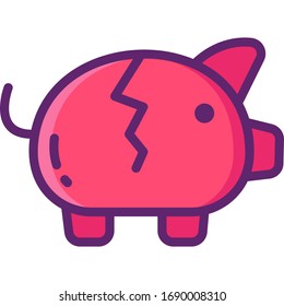 Flat vector icon illustration of cracking piggy bank. Broke concept.