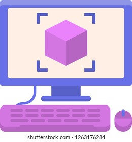 Flat vector icon illustration of cube on computer screen. 3D modeling concept.