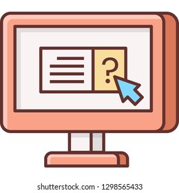 Flat vector icon illustration of a desktop screen with pointer click on a button. Online question concept.