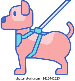 Flat vector icon illustration of a dog with pet harness