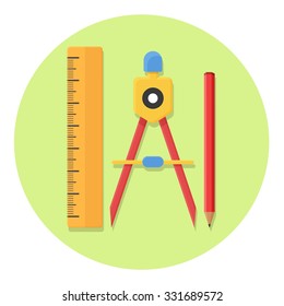 flat Vector icon - illustration of Drawing Compass Pencil and Ruler icon