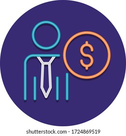 Icono vector plano de la ilustración del coste del empleado. Trabajador masculino con símbolo de dólar.
