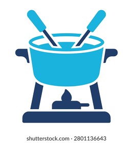 A flat vector icon illustration of a fondue pot with two forks, heated by a small flame underneath, isolated on a white background.