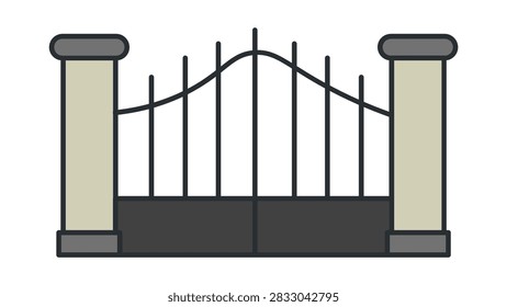 A flat vector icon illustration of a gated entrance with two stone pillars and a metal fence design.