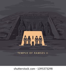 Flat vector icon and illustration the great temple of Ramses 2 hand drawn in the background of pyramids. The Great Temple at Abu Simbel, Egypt.