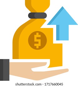 Flat vector icon illustration of hand lifting money bag. Revenue concept.