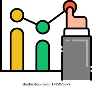 Flat vector icon illustration of hand touching chart. UX analytics concept.
