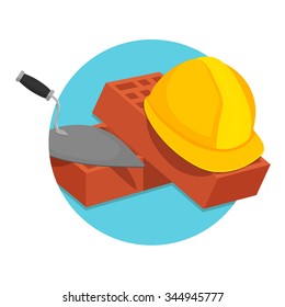 flat Vector icon - illustration of Helmet Bricks and Trowel icon isolated on white