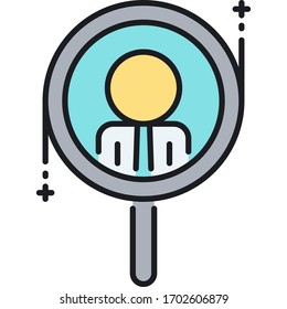 Flat vector icon illustration of a magnifying glass looking for people. Find user concept.