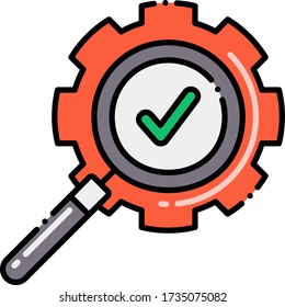 Flat vector icon illustration of a magnifying glass with checkmark and cogwheel. Search engine optimization SEO concept.