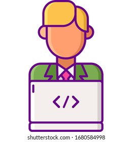 Flat vector icon illustration of a male with laptop. IT department concept.
