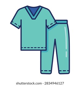 A flat vector icon illustration of medical scrubs consisting of a v-neck top and trousers, representing healthcare professional attire.