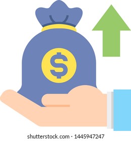 Flat vector icon illustration of money bag with dollar symbol in hand. Investment concept.