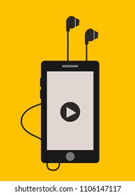 flat Vector icon - illustration of music player phone with earphones on orange background
