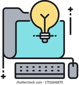 Icono de vector plano de nuevo proyecto. Bombilla, carpeta y equipo personal.