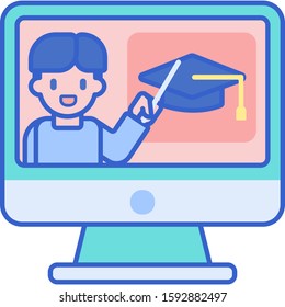 Flat vector icon illustration of online course. A male tutor giving lesson on a screen.