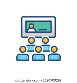 Ilustración plana del icono del Vector del seminario en línea con la audiencia. Diseño moderno, que representa la comunicación virtual y la colaboración digital.