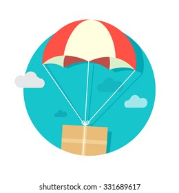 flat Vector icon - illustration package flying down from sky with parachute, delivery service concept