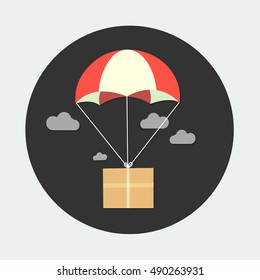 flat Vector icon - illustration package flying down from sky with parachute, delivery service concept