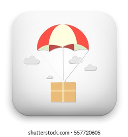 flat Vector icon - illustration package flying down from sky with parachute, delivery service concept