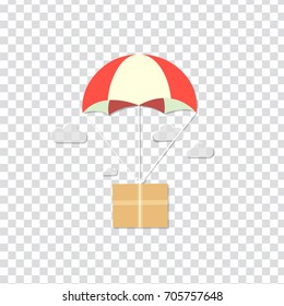 flat Vector icon - illustration package flying down from sky with parachute, delivery service concept