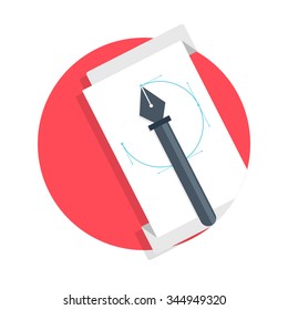 flat Vector icon - illustration of Pen tool with blank file, illustrator sketching process - Drawing curves on the paper. icon isolated on white