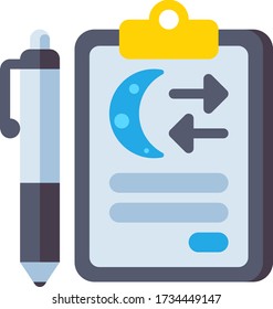 Flat Vector Icon Illustration Of Permit For Night Shift. A Pen And A Checkboard With Moon Sign.