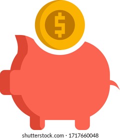 Flat vector icon illustration of piggy bank with coin. Money savings.