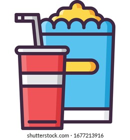 Icono vectorial plano de la cubeta de palomitas y soda. Concepto de producción cinematográfica y de vídeo.