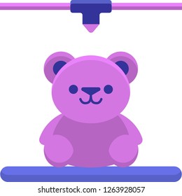 Flat vector icon illustration of printing machine creating stuffed bear, 3D toys concept