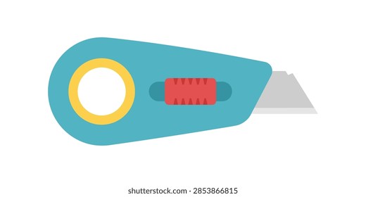 A flat vector icon illustration of a retractable utility knife with a blue handle and a sharp metal blade.