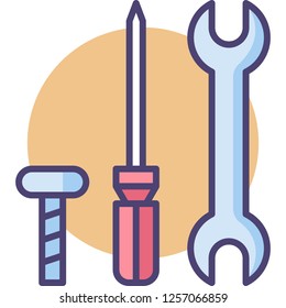 Flat vector icon illustration of screw bolt, screwdriver, wrench. Repair concept.
