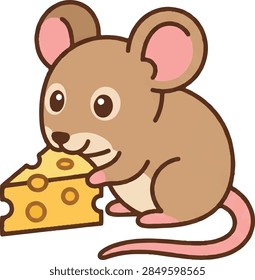 Flat vector icon illustration of a small pet mouse nibbling cheese, vibrant colorful cute animal clipart isolated on white background